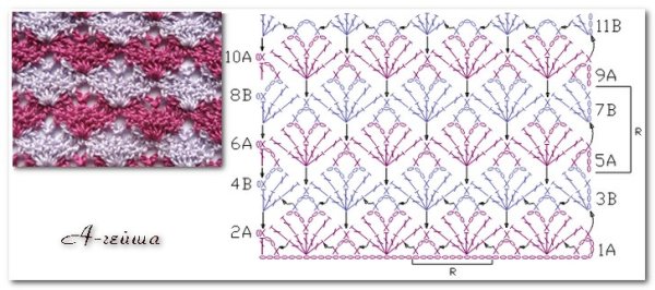 Трехцветные узоры крючком со схемами
