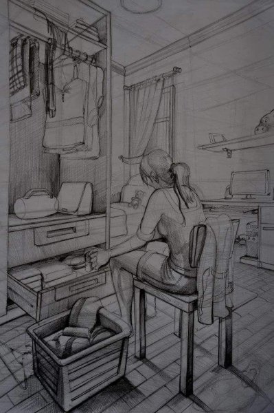 Зарисовка фигуры человека в интерьере