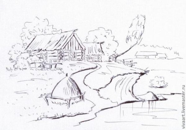 Деревенский пейзаж карандашом