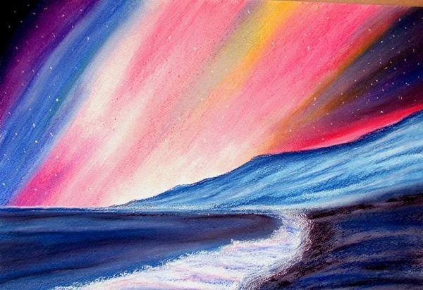 Рисование Северное сияние восковыми мелками