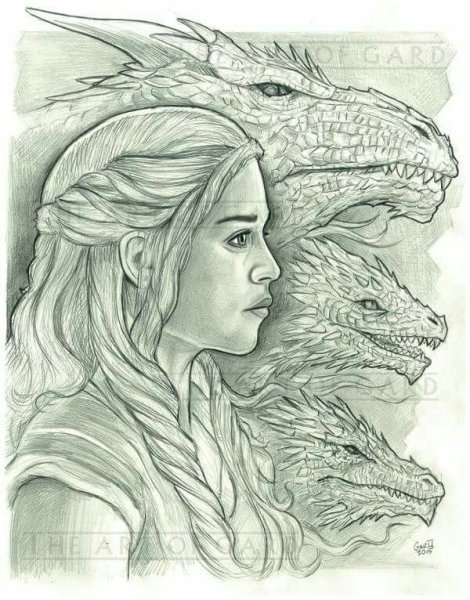 Девушка и дракон карандашом