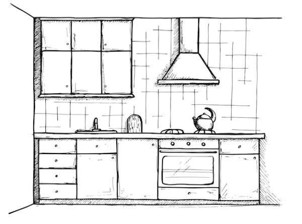 Эскиз кухни черно белый