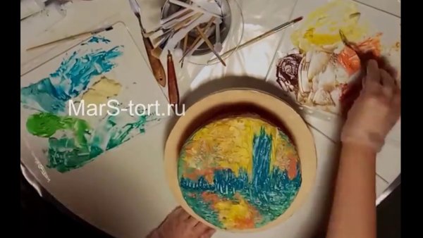 Рисование на торте пищевыми красителями мастихином