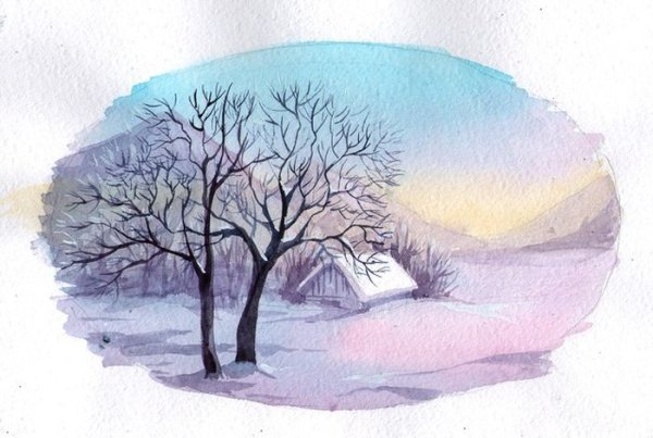 Пейзаж зимы карандашом