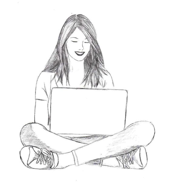 Девушка с ноутбуком нарисованная