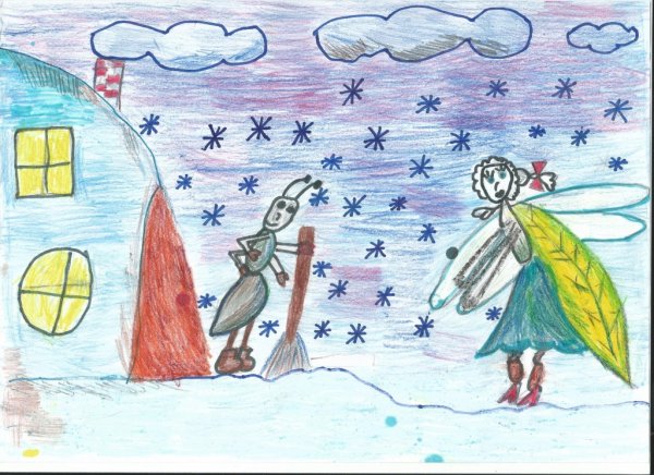 Иллюстрация к басне Крылова Стрекоза и муравей