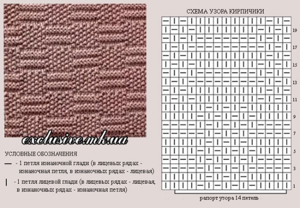 Узоры спицами со схемами рельефные кирпичики