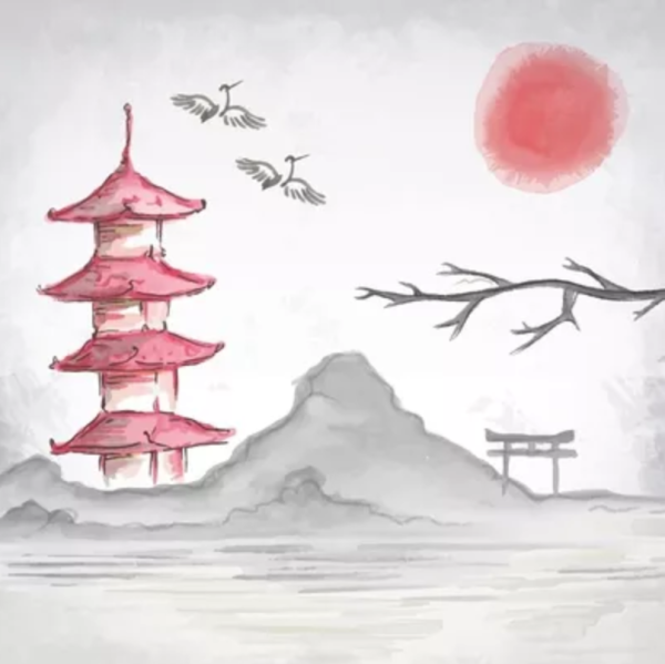 Япония акварелью солнце Сакура Фудзи
