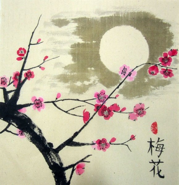 Японская традиционная Суми-э живопись. Гора Фудзи, Сакура