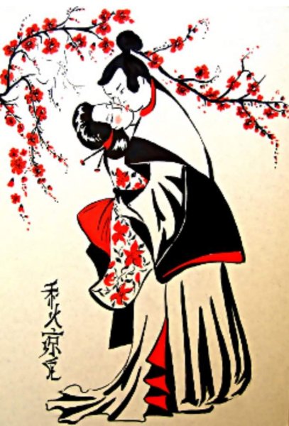 Японская традиционная Суми-э живопись. Гора Фудзи, Сакура