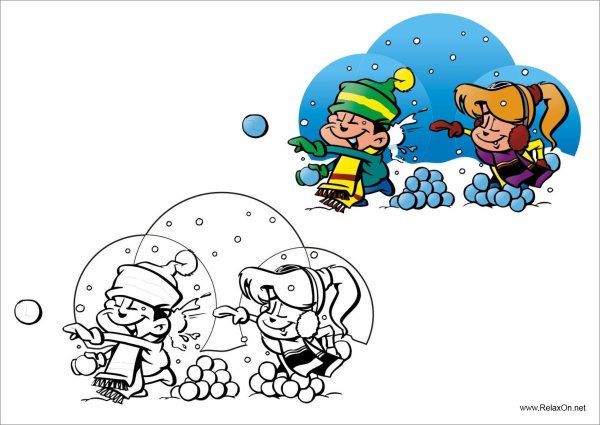 Дети играют в снежки сложный рисунок