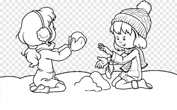 Дети играющие в снежки раскраска