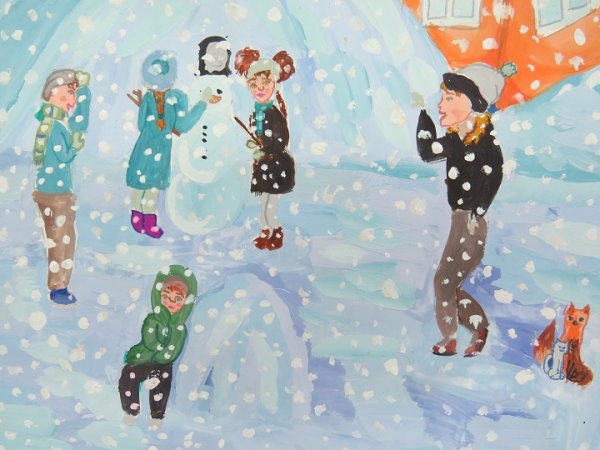 Рисунок детей играющих в снежки