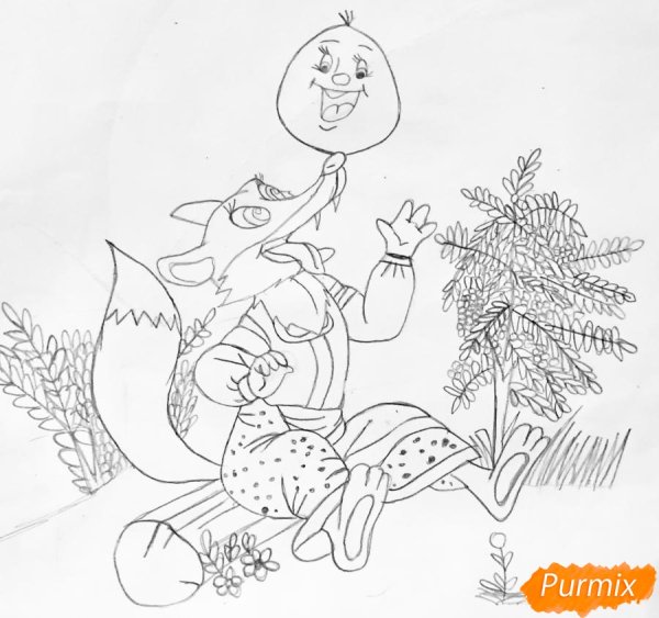 Лиса из колобка рисунок карандашом