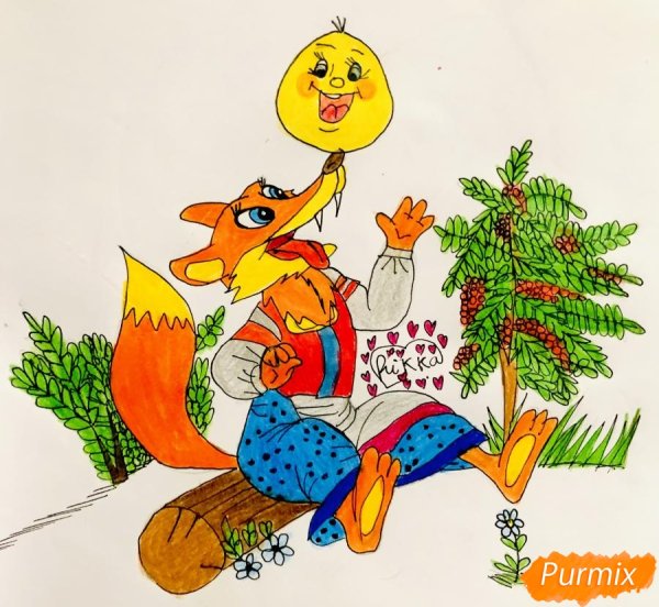 Рисунок колобка и лисы фломастером