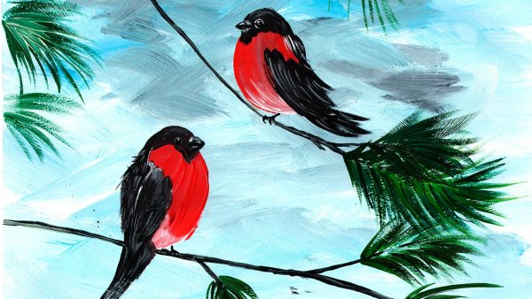 Предметное рисование Снегири на ветках