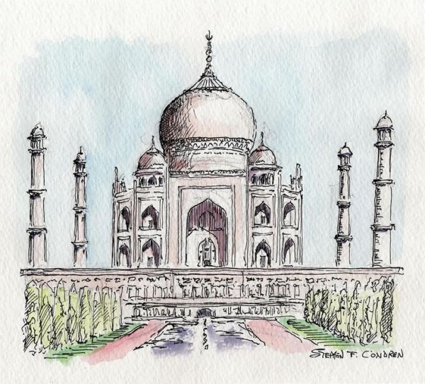 Индия Тадж Махал рисунок акварелью