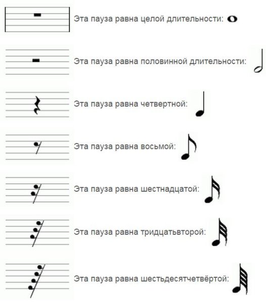 Длительность пауз в нотном стане