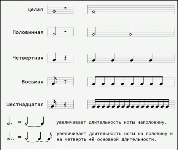 Обозначение длительности нот на нотном стане