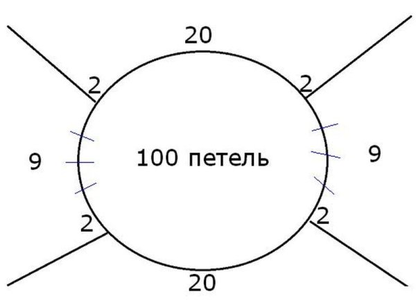 Рассчитать реглан сверху спицами на 100 петель