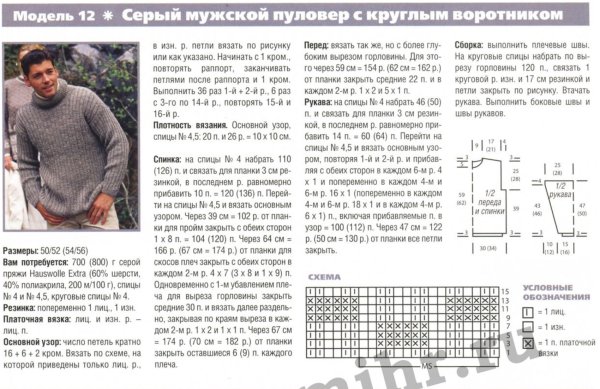 Джемпер мужской спицами схемы и описание 56 размер