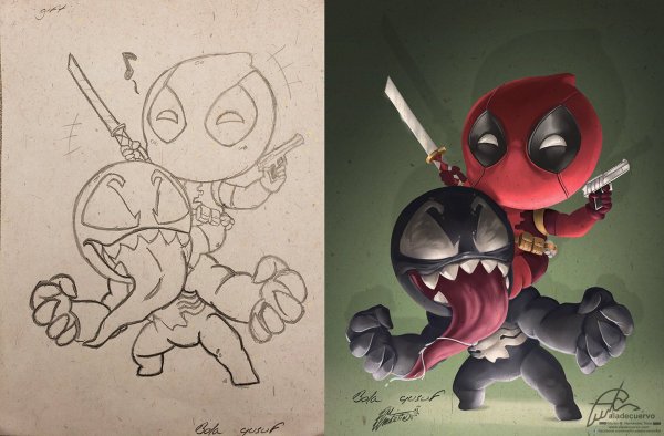 Дэдпул Чиби чёрной ручкой