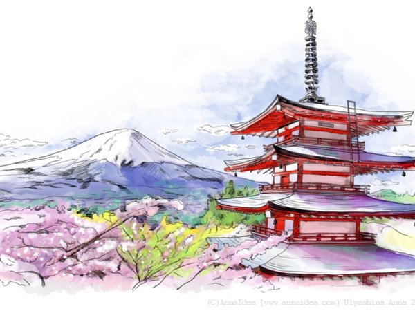 Японские дома на белом фоне акварелью