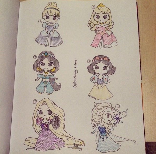 Чиби принцессы Диснея карандашом