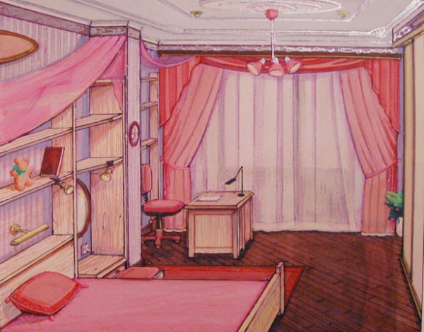 Эскиз интерьера детской комнаты