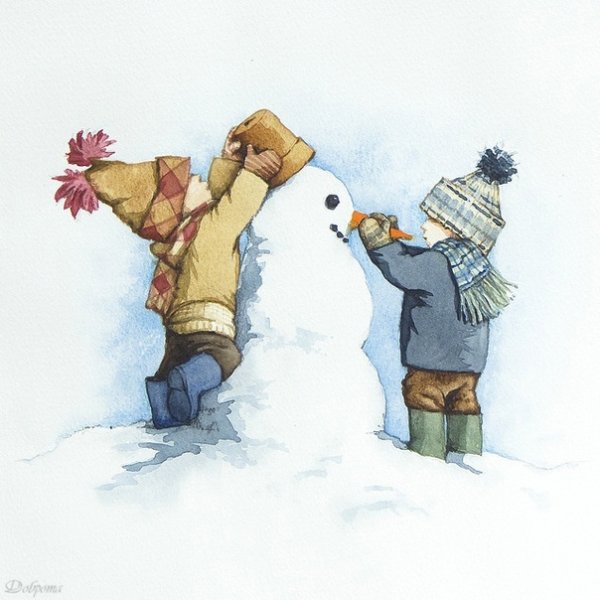 Мальчик и девочка лепят снеговика