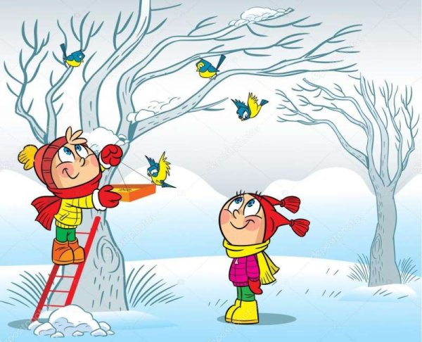 Мальчик кормит птиц зимой