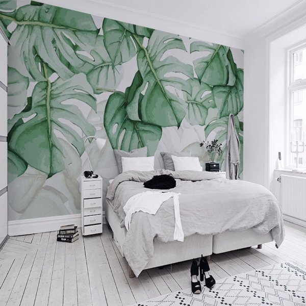 Спальня с геометрическими обоями