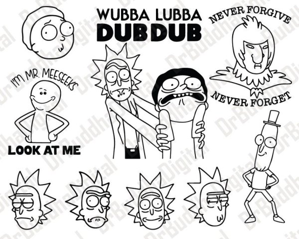 Рик и Морти Стикеры черно белые