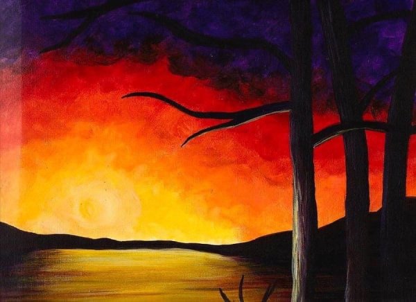 Красный закат гуашью