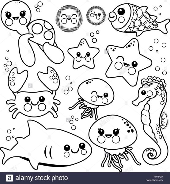 Морские обитатели кавайные раскраска для детей