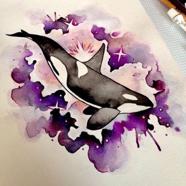 Синий кит акварель