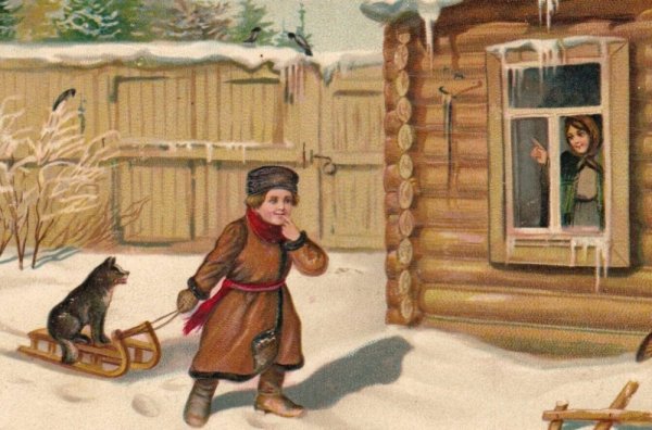 Мальчик катится на санках с горки