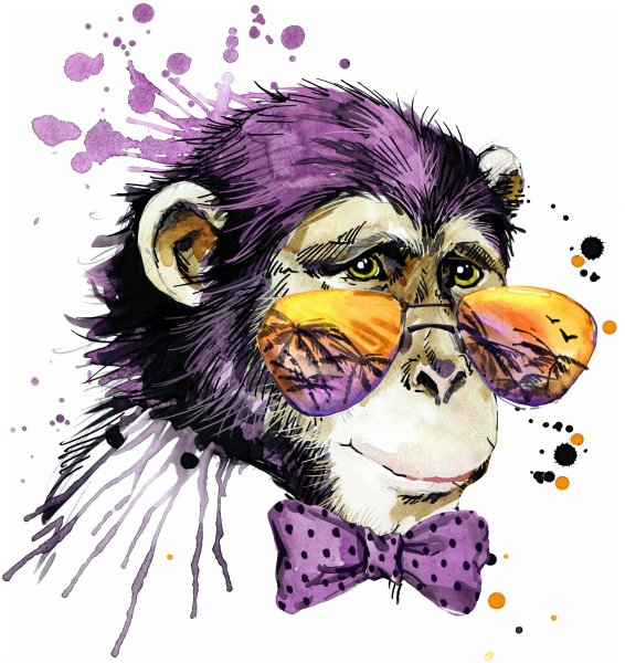 Мартышка в очках акварелью