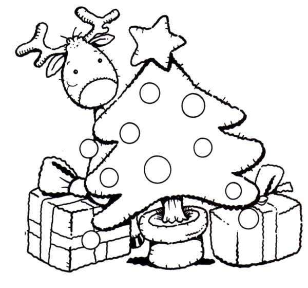 Раскраска елка с подарками и снеговиком