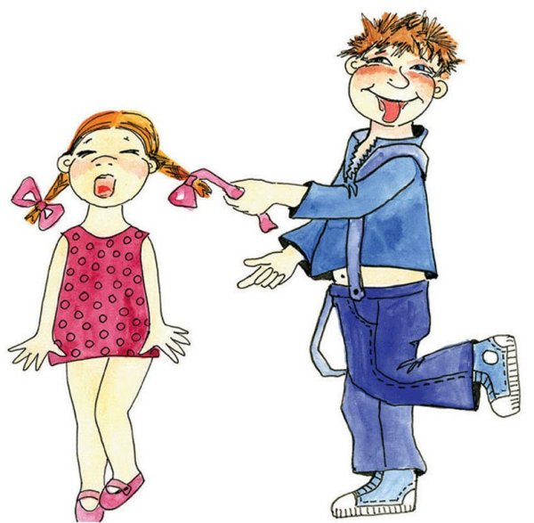 Мальчик дергает за косичку