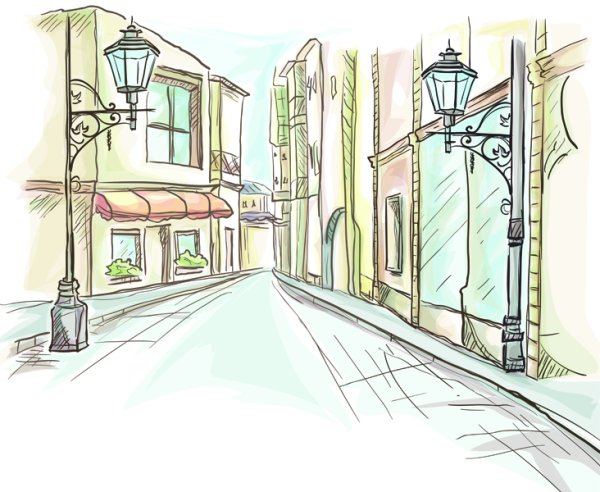 Улица с фонарями в перспективе