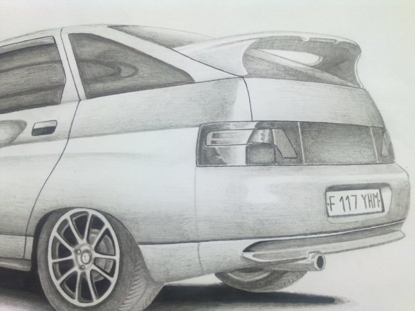Машины рисунок карандашом сбоку Лада Приора