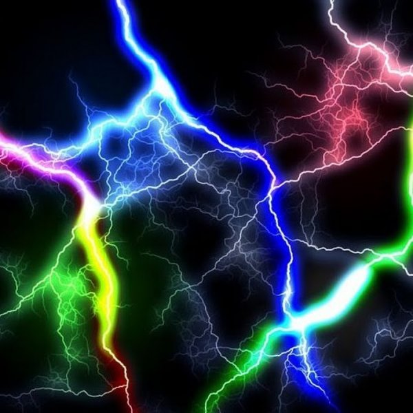 Разноцветные молнии на чёрном фоне