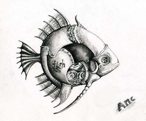 Стимпанк рыбы в графике