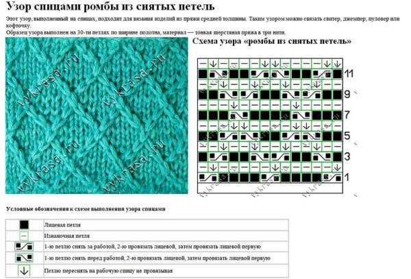 Узор с вытянутыми петлями ромбы схема