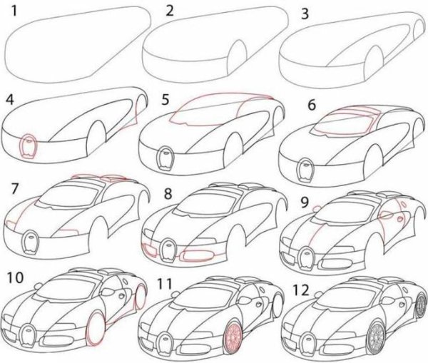 Бугатти Вейрон рисунок карандашом поэтапно