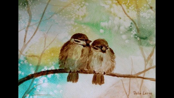 Живопись воробьи на ветке