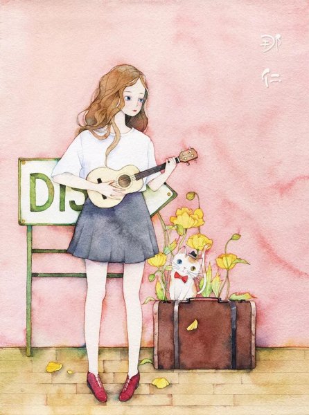 Девочка с укулеле нарисованная