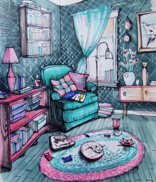 Интерьер цветными карандашами