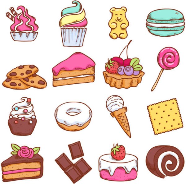 Набор иконок нарисованных сладости